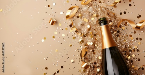 Champagne Bottle and Glass With Gold Confetti and Ribbons
