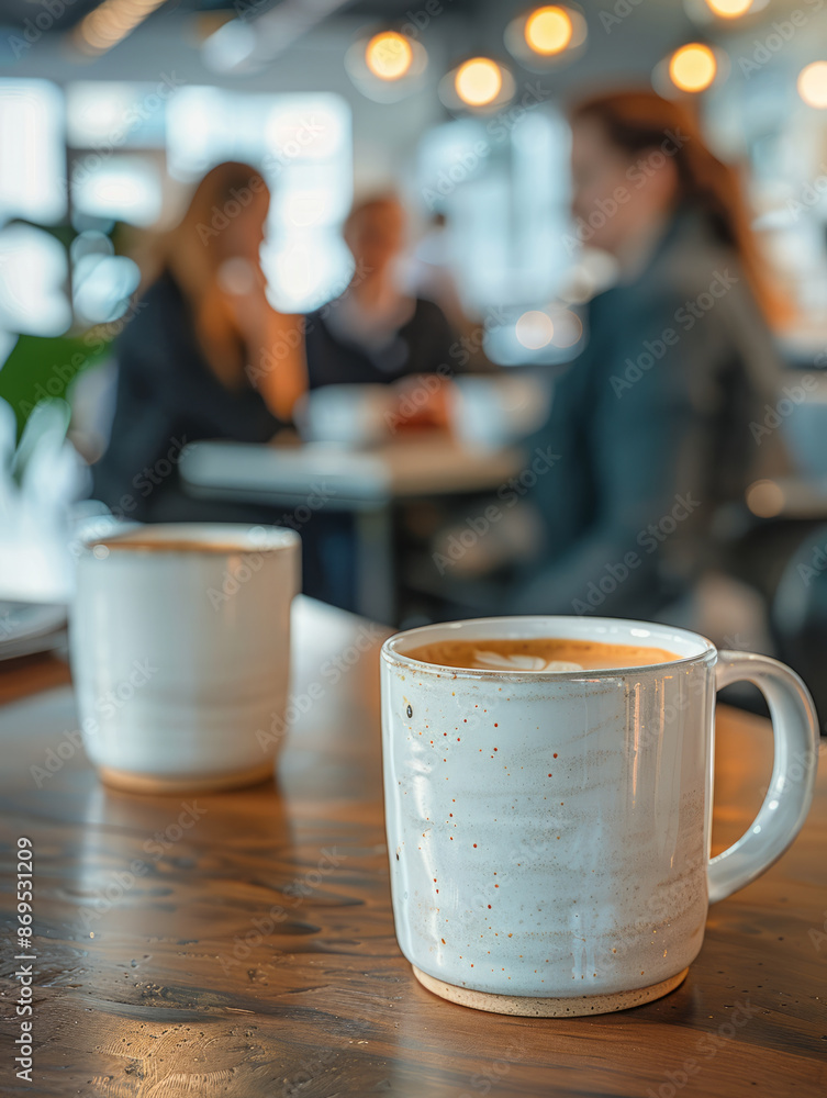 Two coffee mugs on a table, people talking in the background. Two coffee mugs on a table, people talking in the background.