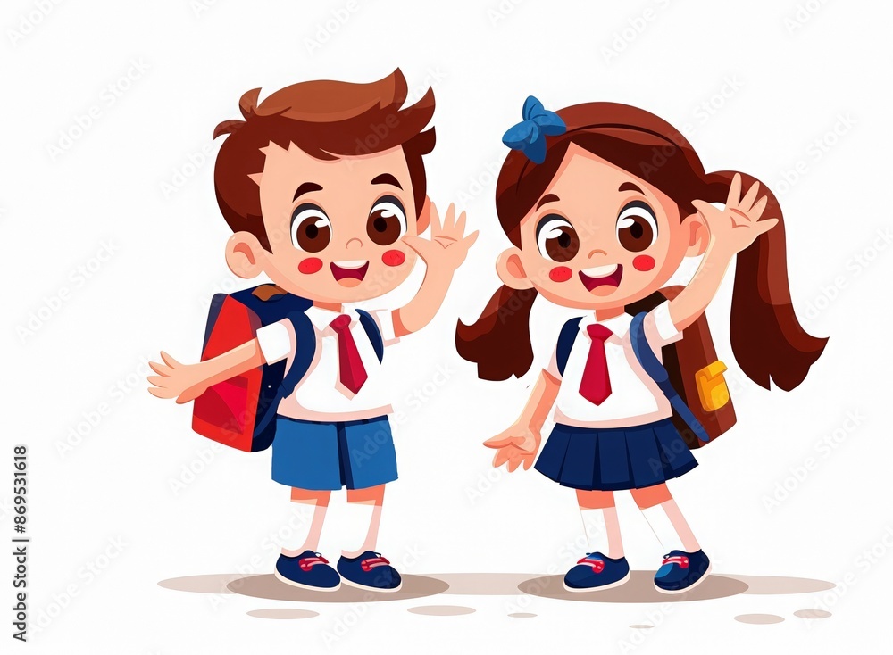 Happy boy and girl classmates in school uniform. Back to school concept. Cartoon illustration. Knowledge day,holiday, event. Greeting card Happy boy and girl classmates in school uniform. Back to school concept. Cartoon illustration. Knowledge day,holiday, event. Greeting card