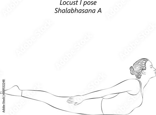 Sketch of young woman practicing Shalabhasana A yoga pose. Locust I pose. Intermediate Difficulty. Isolated vector illustration.