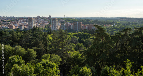 Panoramic Cityscape with Green Park in Foreground, July 1, 2024, Madrid, Spain