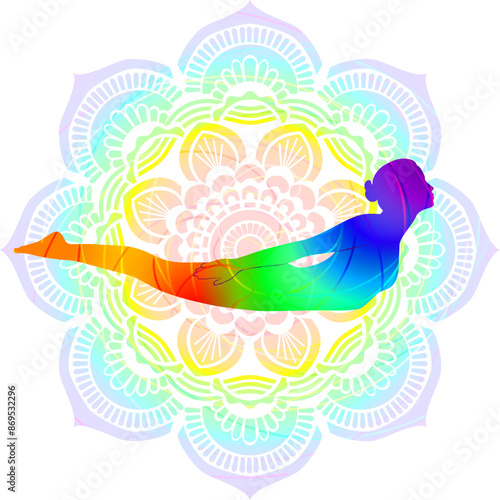 Colorful silhouette of woman practicing Shalabhasana A yoga pose. Locust I pose. Intermediate Difficulty. Isolated vector illustration