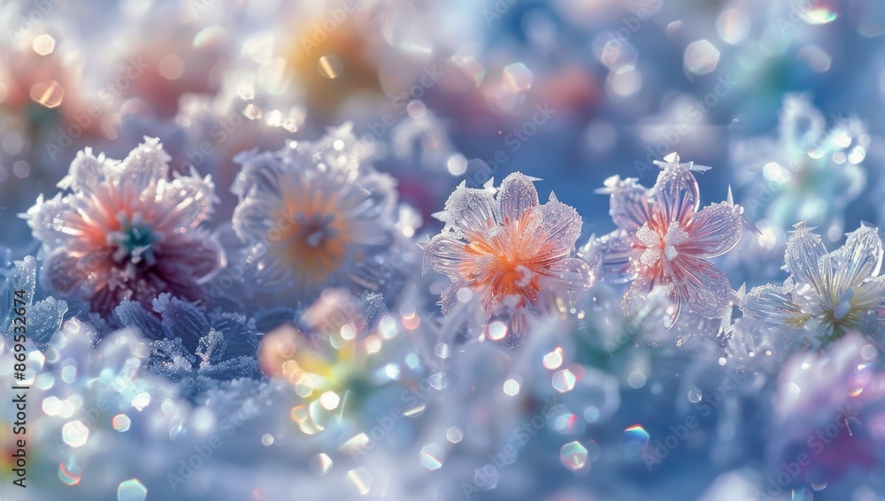 Delicate Pink And White Flowers Covered In Frost On A Cold Winter Morning Delicate Pink And White Flowers Covered In Frost On A Cold Winter Morning