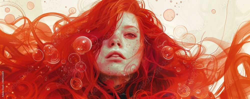 A woman with long red hair is depicted in a painting. The painting is a ...