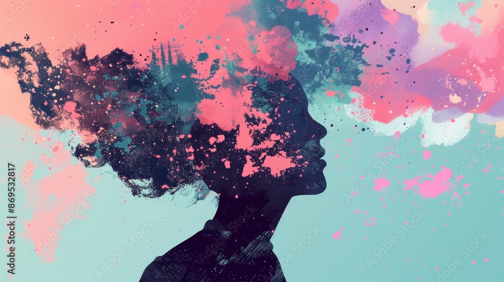Obraz premium Abstract Woman Silhouette with Colorful Paint Splatter