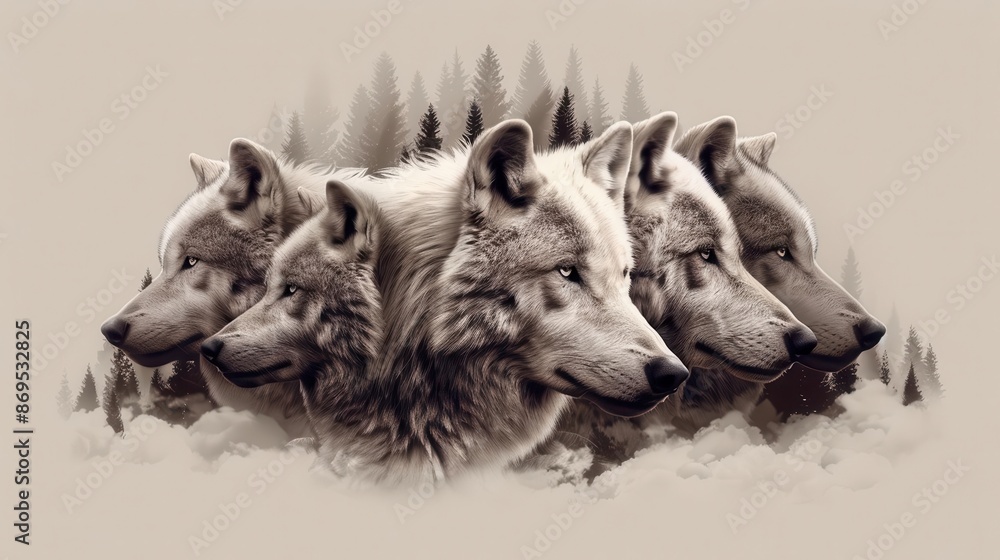 Naklejka premium Five white wolves stand together in a snowy forest.