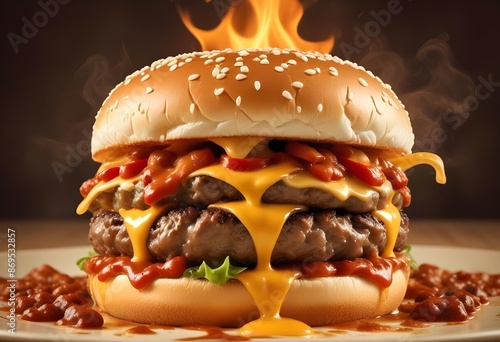 A close-up of a sizzling burger with fiery chili sauce dripping down, engulfed in flames to emphasize its spiciness