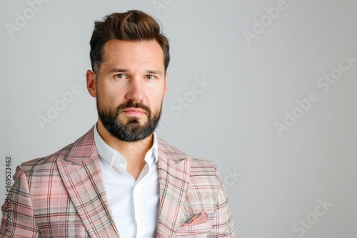 Man in Blazer. Handsome Brunet Businessman in Checked Blazer Posing with Confidence © Popelniushka