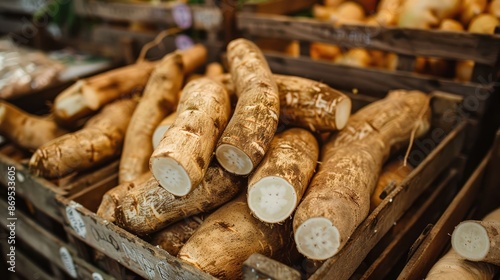 Fresh cassava in a grocery store bin photo