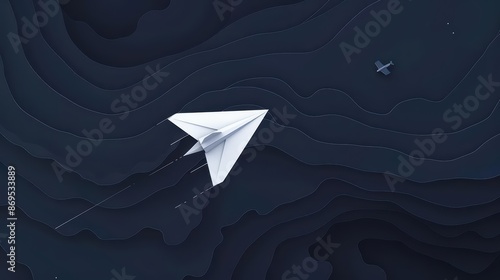 A minimalist travel banner illustrating a lone paper airplane flying through abstract lines and shapes, set on a cyberinspired background, with copy space photo