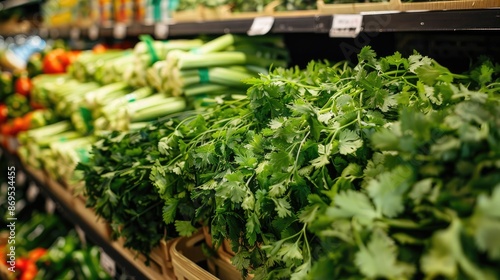 Fresh cilantro bunches in a grocery store