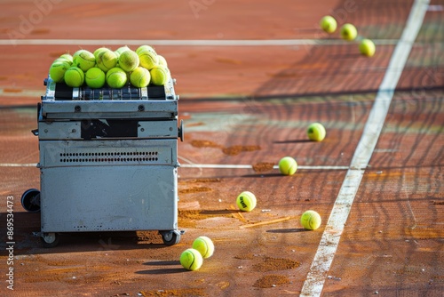 Tennis Ball Machine on Slag Court. Automatic Ball Container for Court Exercise and Competition