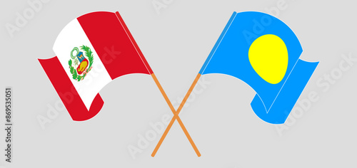 Crossed and waving flags of Peru and Palau