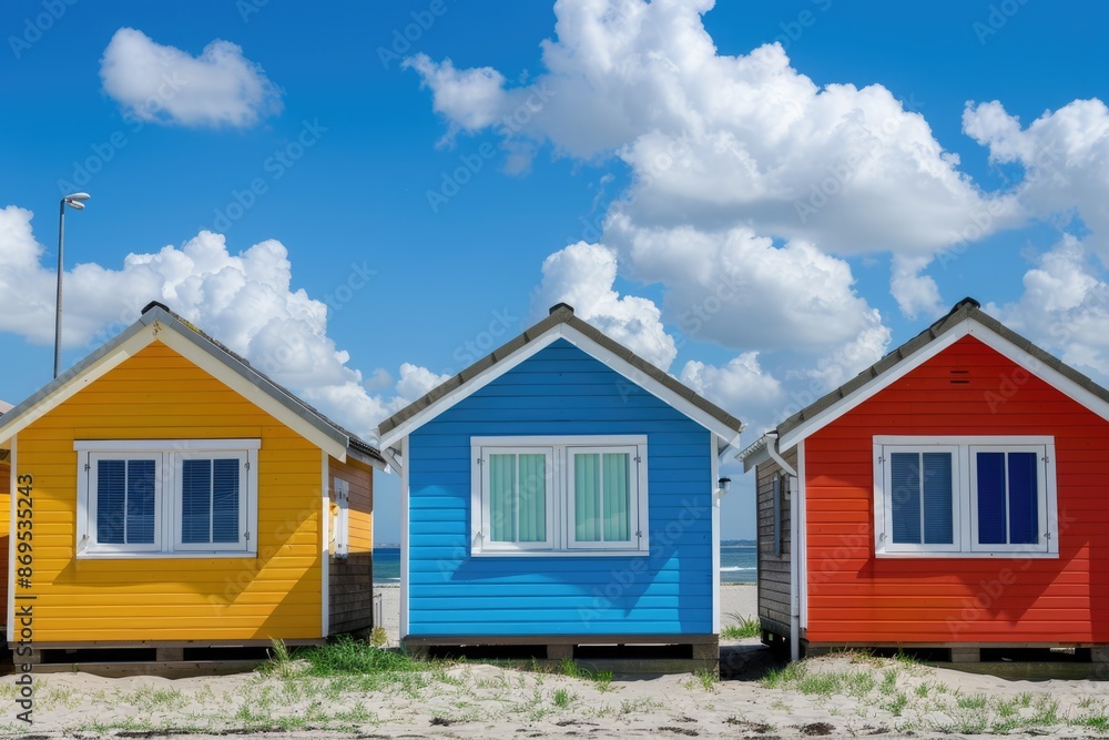 Beach Cabin. Row of Multi-Colored Bungalows by the Coast on a Sunny Day Beach Cabin. Row of Multi-Colored Bungalows by the Coast on a Sunny Day