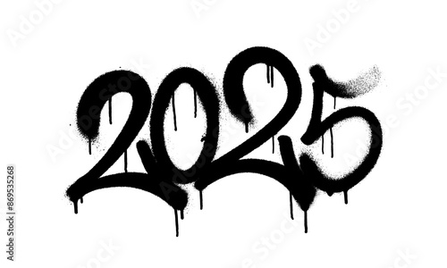 Sprayed 2025 tag gfont graffiti with overspray in black over white. Vector illustration.