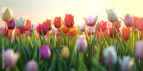 Blossoming Beauty: Field of Colorful Tulips Background, Spring Symphony: Colorful Tulip Field Backdrop - Ai Generated