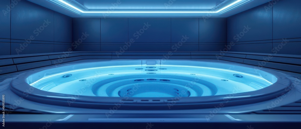 A stateoftheart spa room showcasing a hightech jacuzzi with integrated sound and light therapy features, high tech, with copy space above the jacuzzi A stateoftheart spa room showcasing a hightech jacuzzi with integrated sound and light therapy features, high tech, with copy space above the jacuzzi