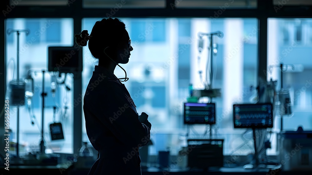 Silhouetted Medical Professional in Front of Hospital Window Silhouetted Medical Professional in Front of Hospital Window