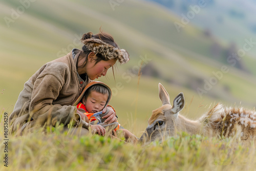 mongolia woman and child with raindeer photo