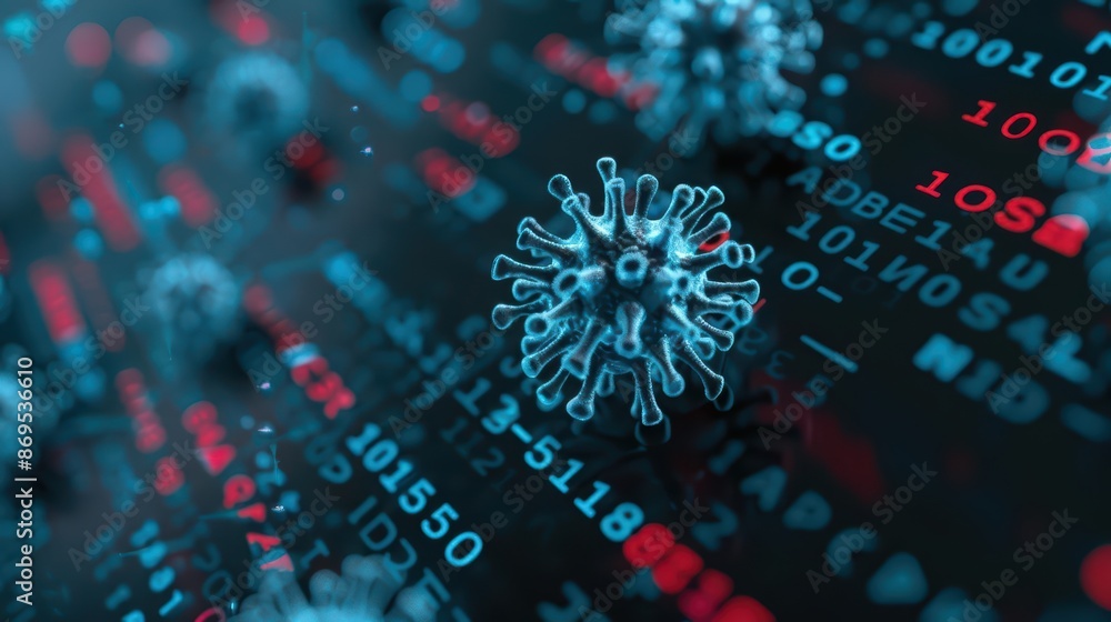 A virus morphing into a digital code sequence on a futuristic display, illustrating the convergence of biological and cyber threats, with copy space A virus morphing into a digital code sequence on a futuristic display, illustrating the convergence of biological and cyber threats, with copy space
