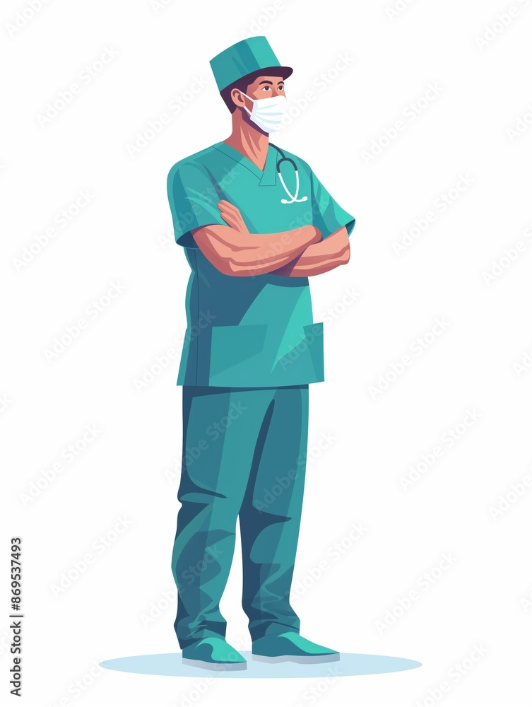 Surgeon male wearing surgeon uniform, Full body character, vector illustration, Clip art, surgery, isolated on white background