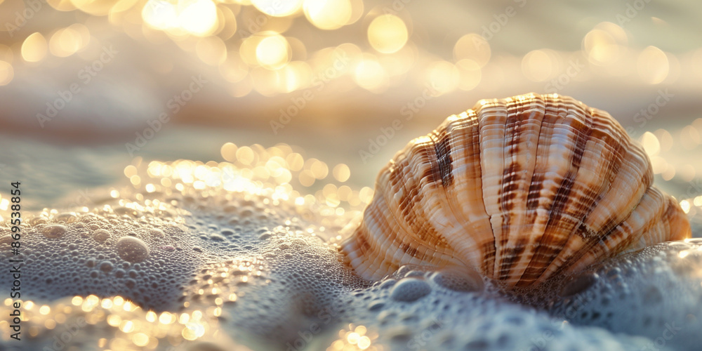 Sunlit Seashell in Foamy Ocean Waves at Sunrise Sunlit Seashell in Foamy Ocean Waves at Sunrise