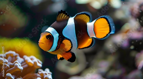 A Colorful Clownfish Swimming Near Coral in an Aquarium
