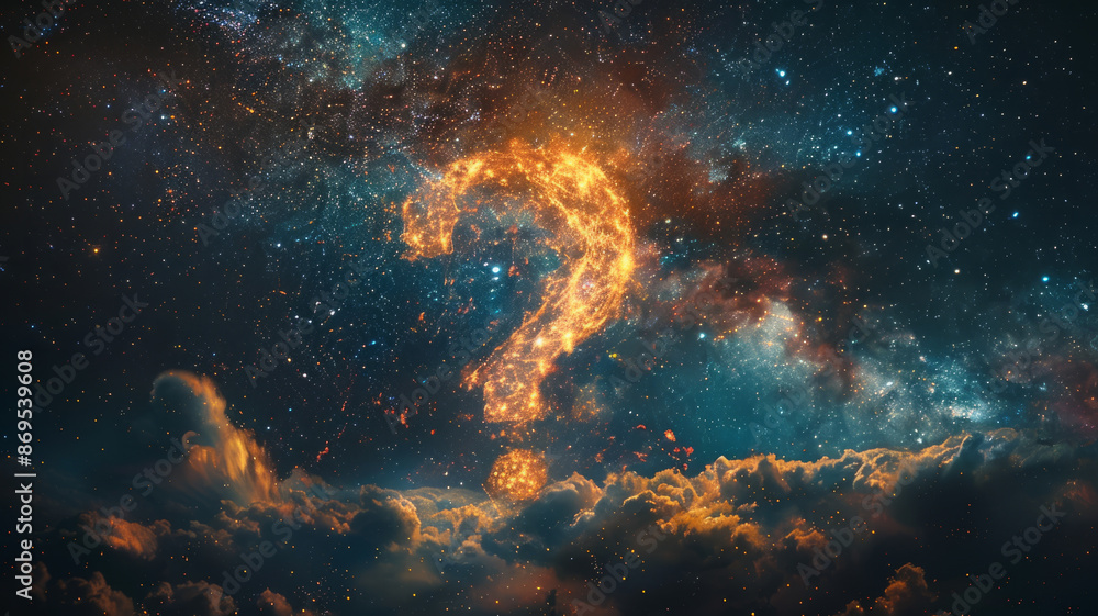 Glowing question mark in a galaxy with stars and clouds Glowing question mark in a galaxy with stars and clouds
