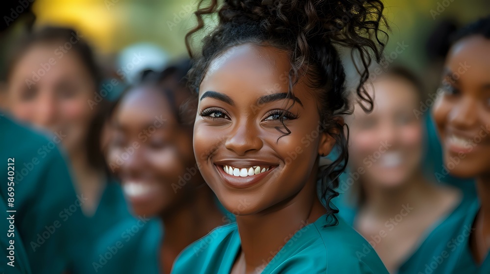 Fototapeta premium Smiling young nurse in a group of colleagues, exuding confidence and teamwork in a healthcare setting. Perfect for themes of healthcare, medical profession, and teamwork.