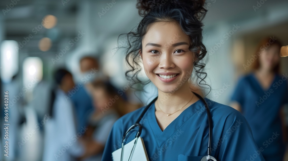 A portrait of an attractive female nurse in blue scrubs A portrait of an attractive female nurse in blue scrubs