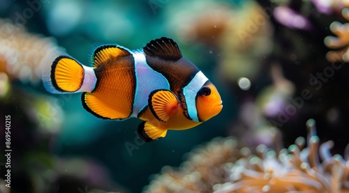 A Colorful Clownfish Swimming Near Coral in an Aquarium