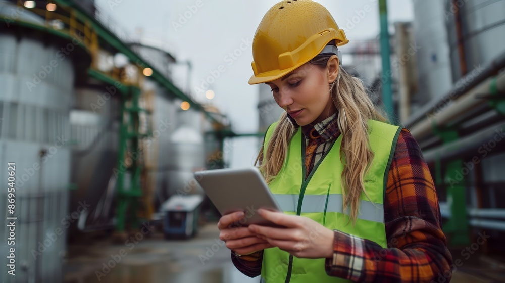 Female engineer in a green safety vest and yellow helmet using a tablet at an industrial site, with a white silo in the background Female engineer in a green safety vest and yellow helmet using a tablet at an industrial site, with a white silo in the background