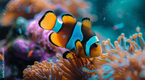 A Colorful Clownfish Swimming Near Coral in an Aquarium