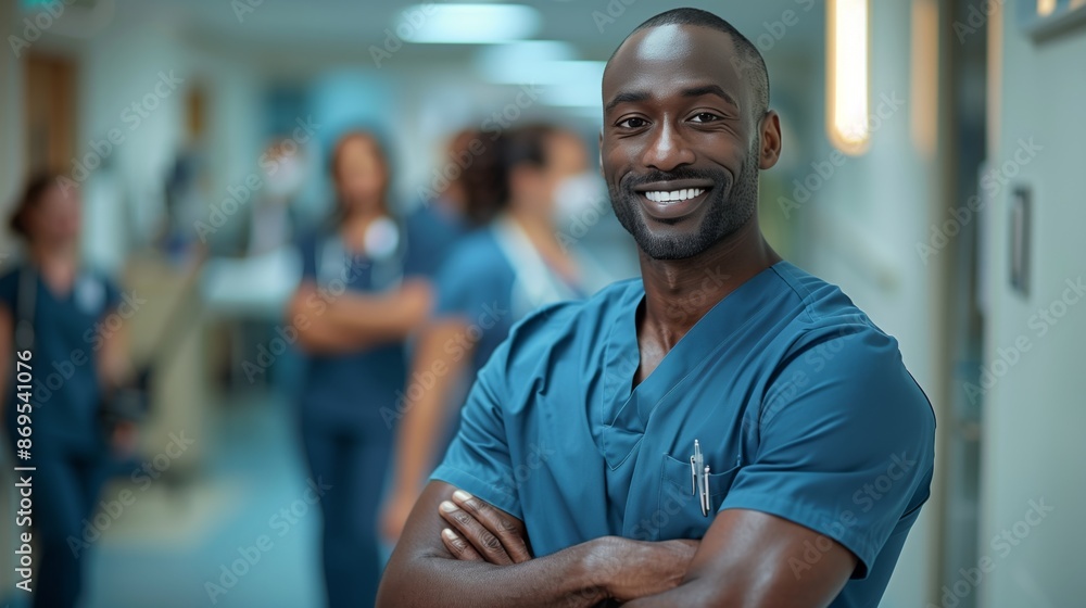 Portrait of a smiling male nurse standing with his arms crossed in a hospital Portrait of a smiling male nurse standing with his arms crossed in a hospital