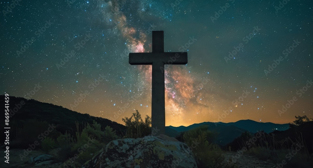 Silhouette Of A Cross Against The Milky Way At Night Silhouette Of A Cross Against The Milky Way At Night
