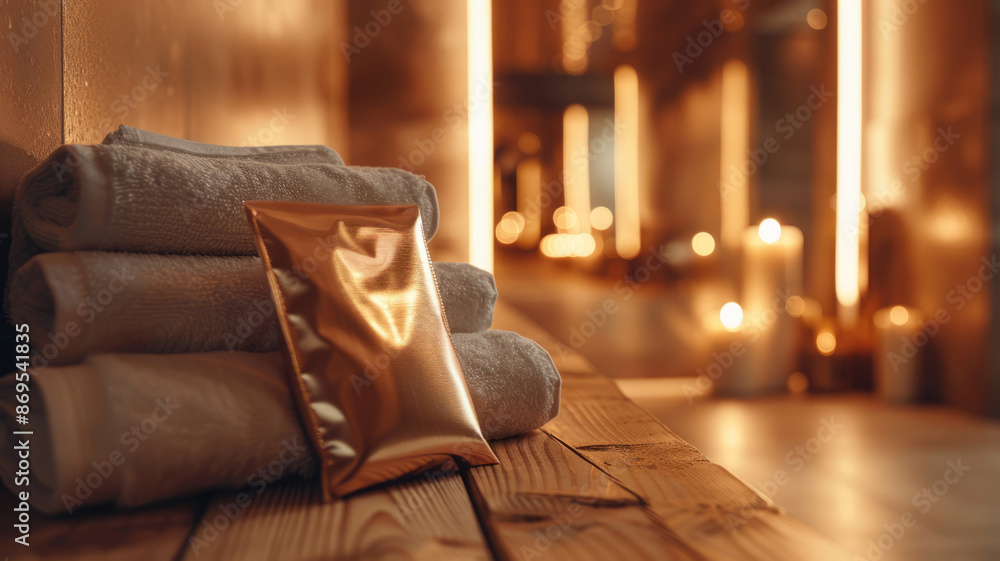 Folded towels and gold packaging on wooden bench in candlelit spa. Folded towels and gold packaging on wooden bench in candlelit spa.