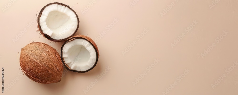 A close up of a bunch of coconuts with the leaves in the background. The coconuts are cut open and the white flesh is visible. Concept of tropical paradise. Free copy space for text. A close up of a bunch of coconuts with the leaves in the background. The coconuts are cut open and the white flesh is visible. Concept of tropical paradise. Free copy space for text.