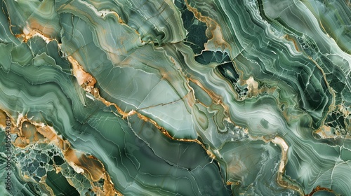 Polished slab of green onyx marble, These veins are accentuated by delicate gold and white accents, creating a luxurious and sophisticated aesthetic, The smooth, polished surface of the onyx.