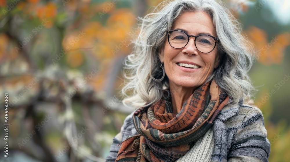 A woman with a scarf and glasses is smiling A woman with a scarf and glasses is smiling