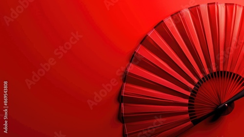 Asian Fan. Red Hand Fan on Blank Background with Copy Space