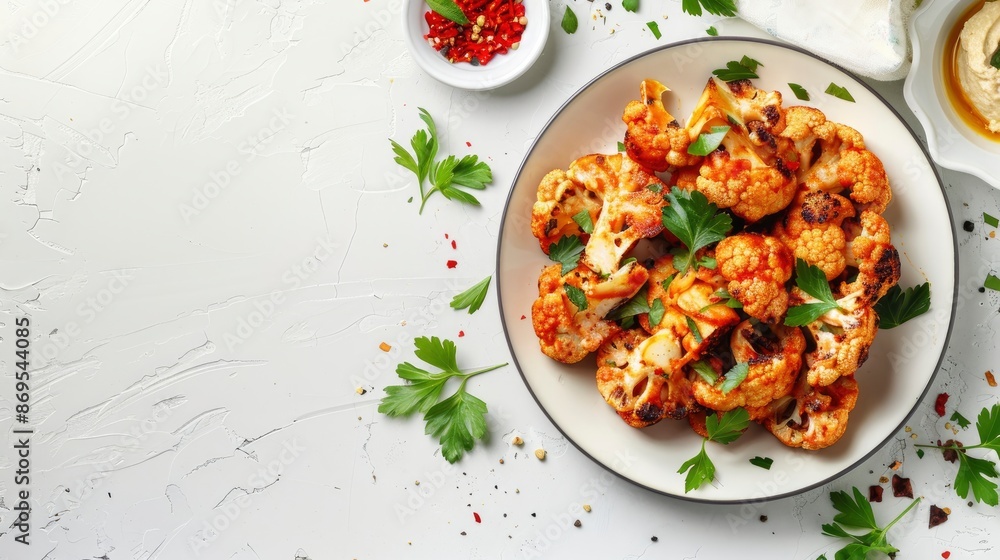 Baked Spicy Cauliflower With Hummus And Cilantro On A White Background, A Flavorful And Healthy Dish Baked Spicy Cauliflower With Hummus And Cilantro On A White Background, A Flavorful And Healthy Dish