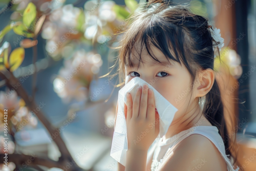 Child Allergy. Asian Little Girl Caring for Herself while Blowing Nose with Tissue Child Allergy. Asian Little Girl Caring for Herself while Blowing Nose with Tissue