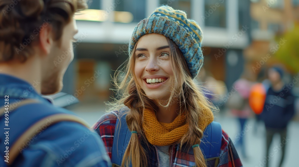 Fototapeta premium university students standing and chatting playfully, close-up
