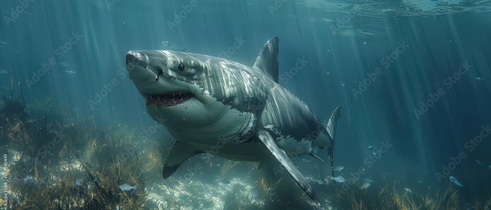 Fototapeta premium a great white shark swimming near the shore, underwater perspective looking upwards, wide angle