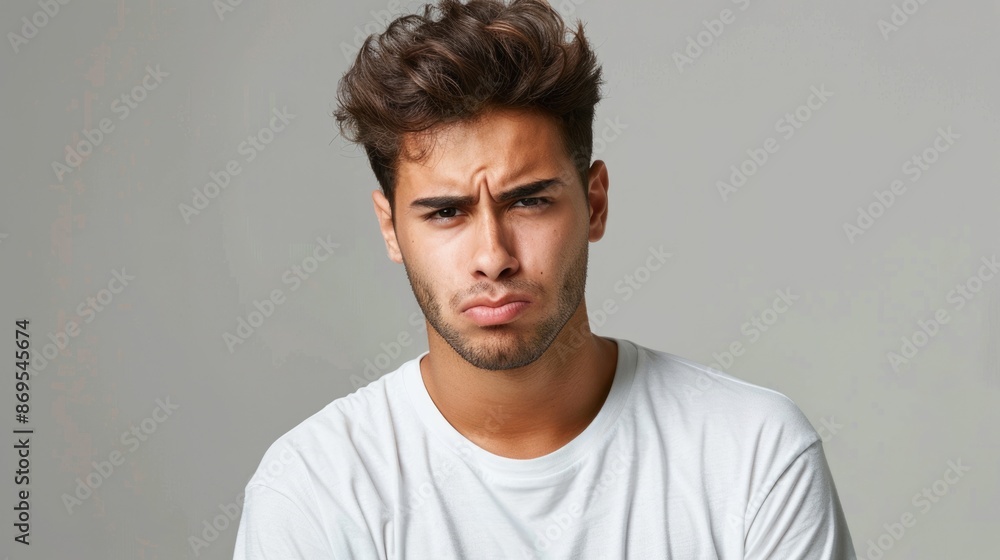 Fototapeta premium Man Frowning. Young Hispanic Man with Photogenic Look Expressing Upset Emotions Over Isolated Background