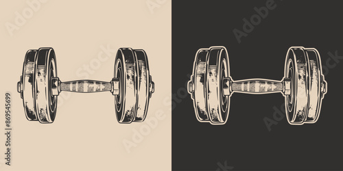 Vintage retro engraving woodcut style sketch draw paint of gym sport weight dumbbell powerlifting exercise equipment