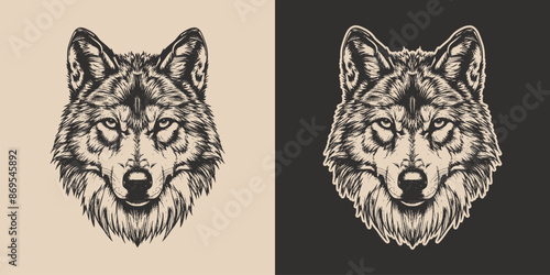 Vintage retro engraving woodcut style sketch draw paint of head face portrait wild animal wolf predator illustration