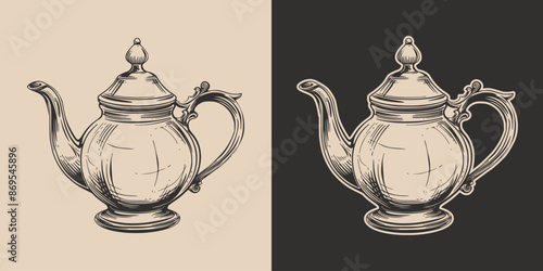 Vintage retro engraving woodcut style sketch draw paint of tea pot teapot in antique classic vintage style illustration