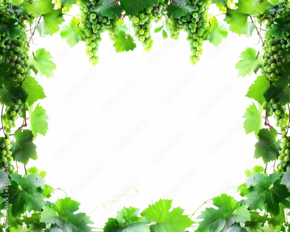 Wine Frame. Fresh Grapevine Border with Green Leaves Isolated on White Background Wine Frame. Fresh Grapevine Border with Green Leaves Isolated on White Background