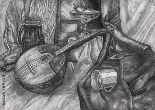 Still life with a bandura.Drawn in pencil